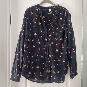 Old Navy Ditsy Floral Black Button Down Blouse Top with V neck Size XXL EUC